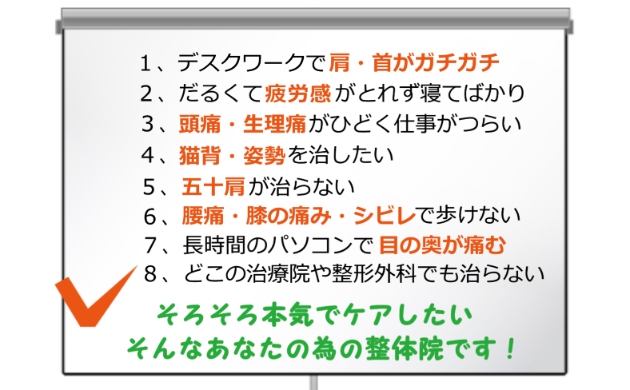 肩こり・腰痛・五十肩・しびれ・ギックリ腰・膝痛・頸椎ヘルニア。